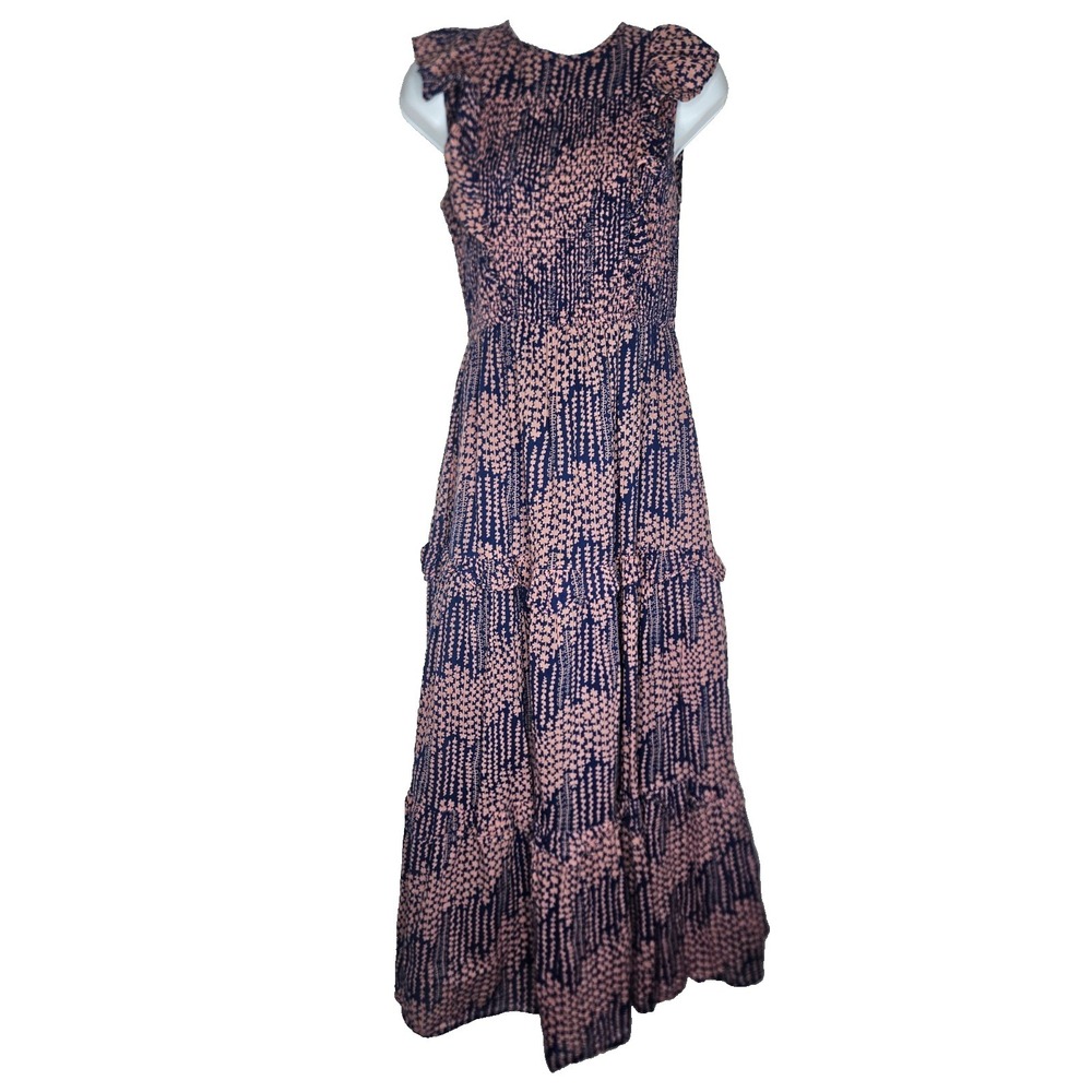 Banjan Tiered Maxi Dress Smocked Cotton Boho Pink Blue India Small Resort Wear